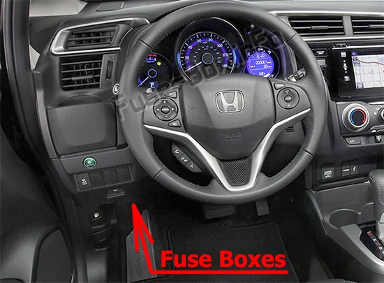 Locatie van de zekeringen in het passagierscompartiment: Honda Fit (GK; 2015-2019..)